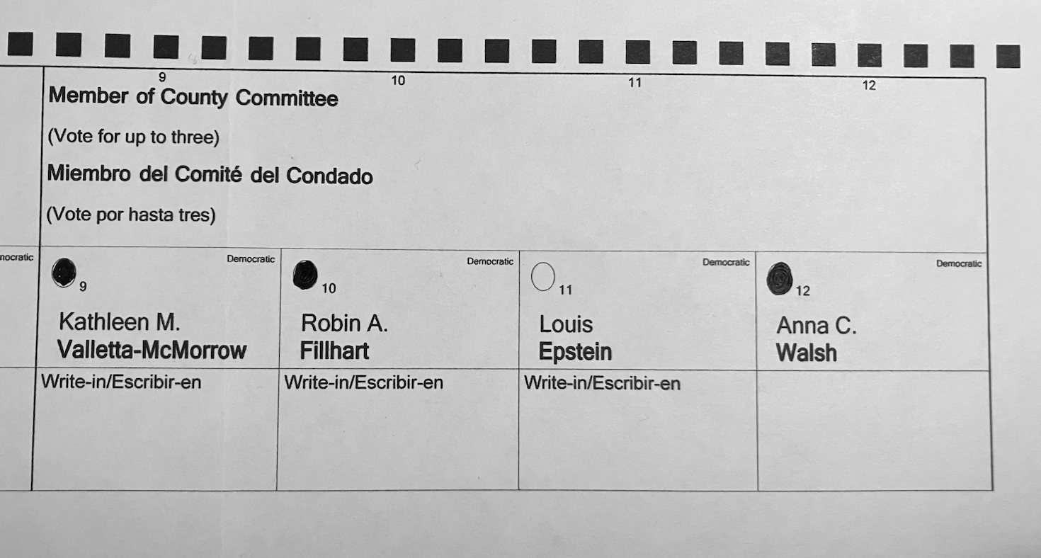 Sample ballot showing the Member of County Committee race with Kathleen M. Valletta-McMorrow, Robin A. Fillhart, and Anna C. Walsh filled in, and Louis Epstein left blank.